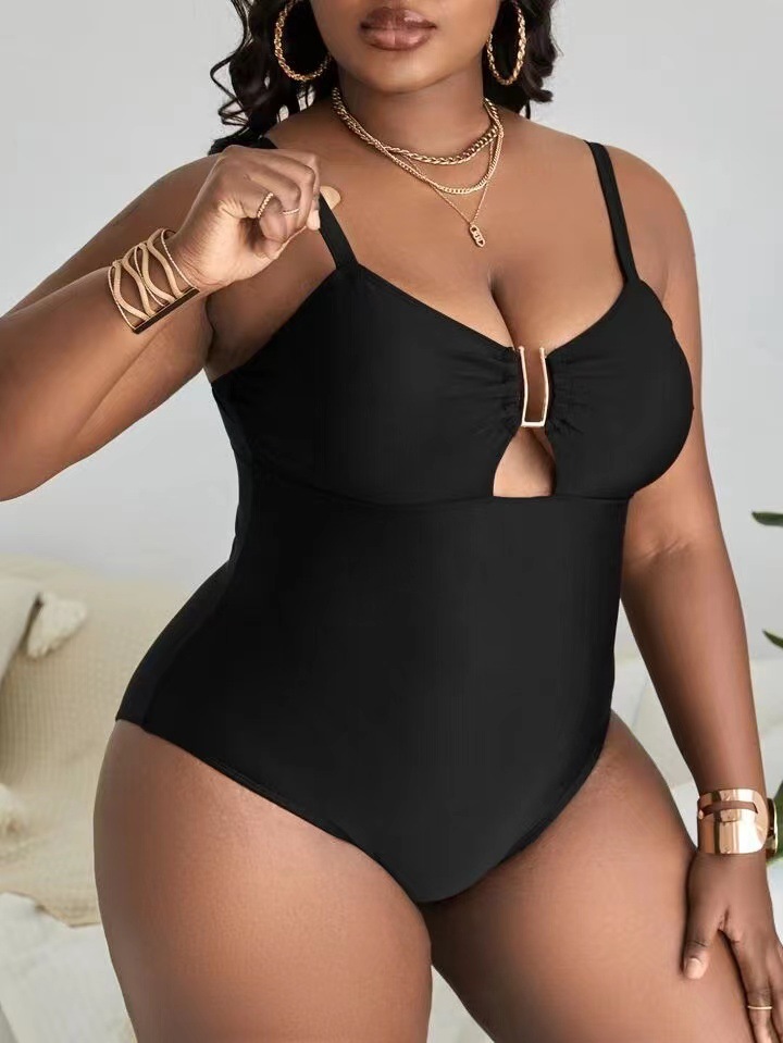 Solid Color Deep V Sexy Hollow Plus Size One-piece Swimsuit